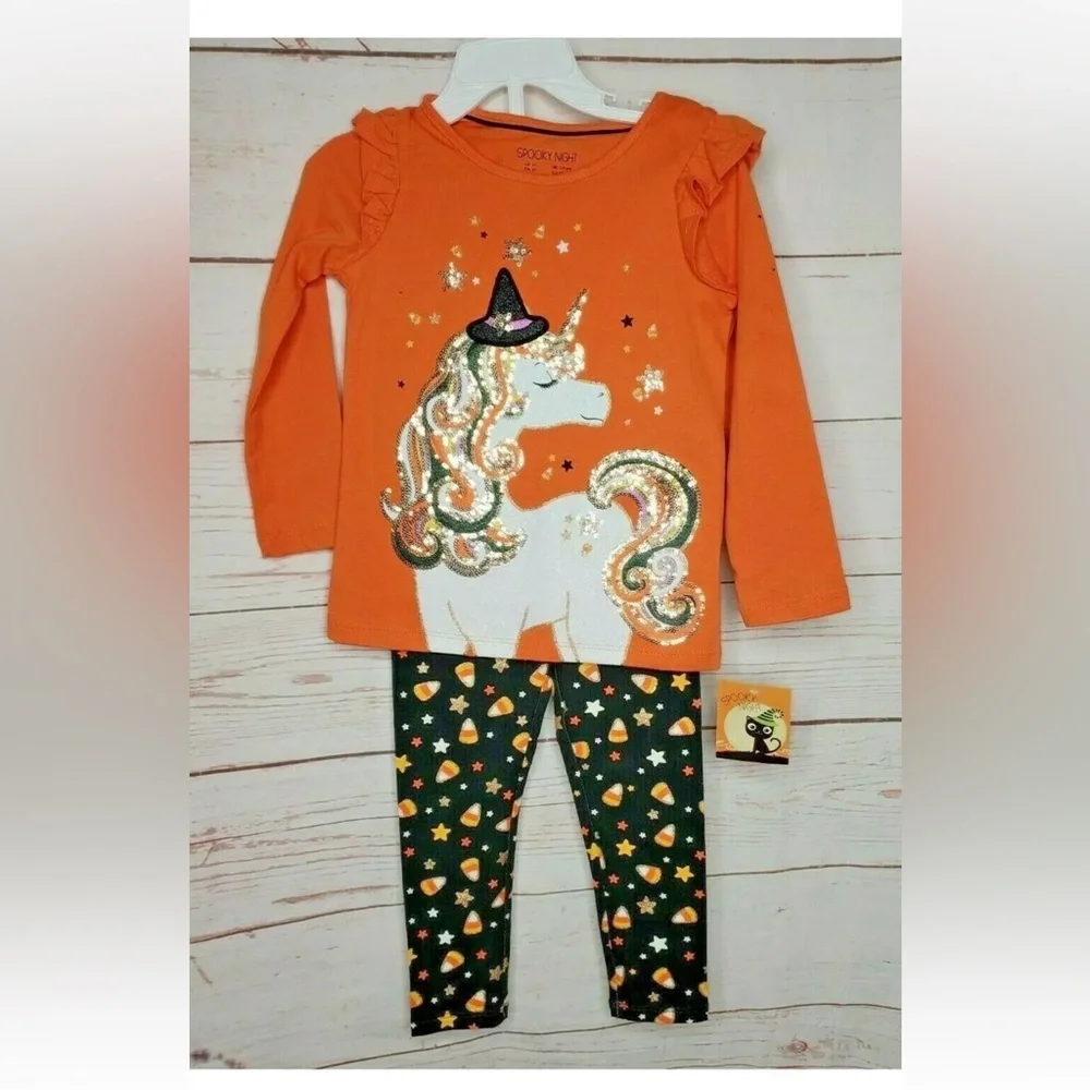 🎃Spooky‎ Night Sequin Unicorn & Candy Corn Design Pajama Pants And Shirt Set​​